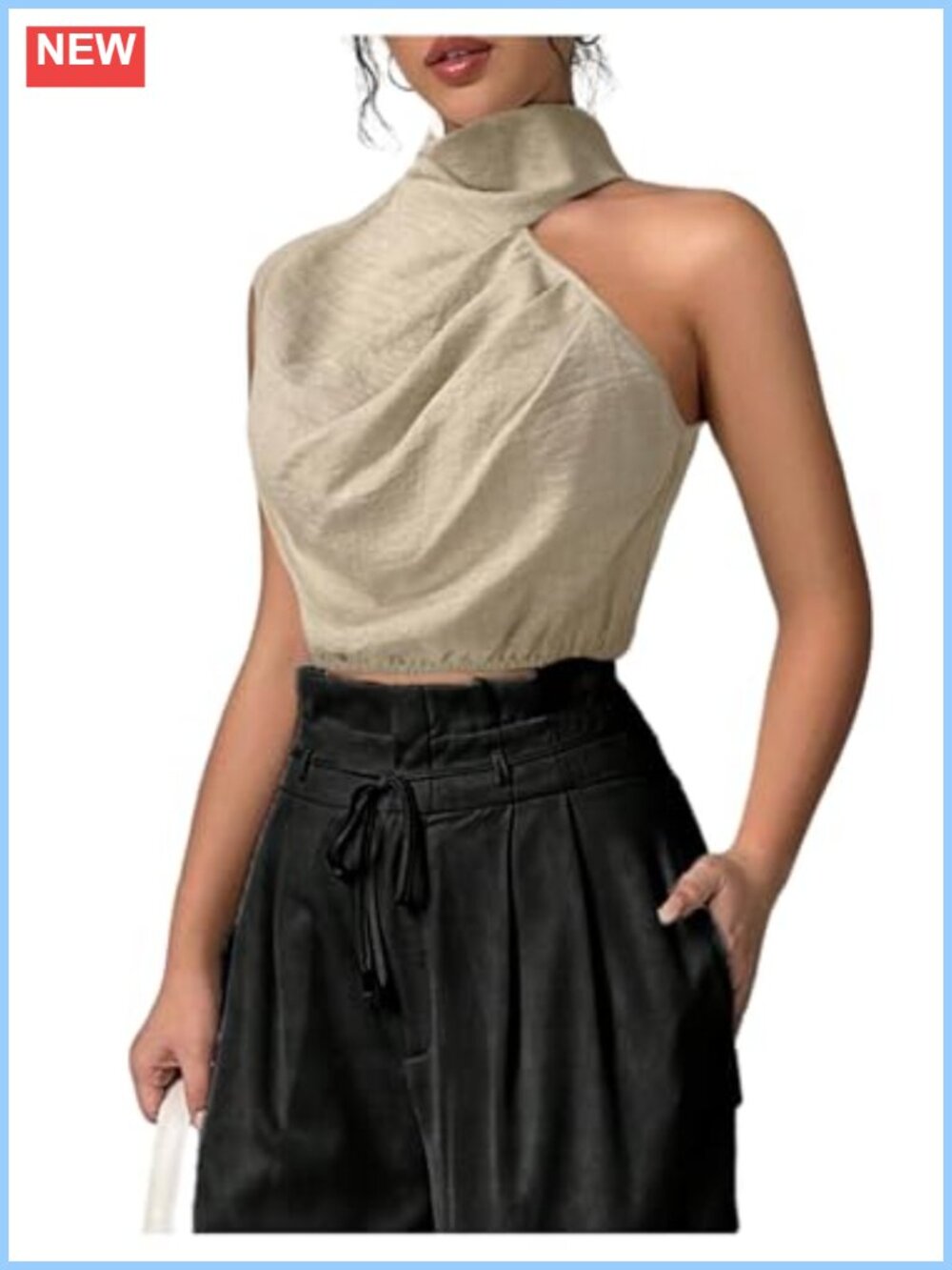 Mock Neck Asymmetrical Sleeveless Crop Top - Ruched Polyester Linen
